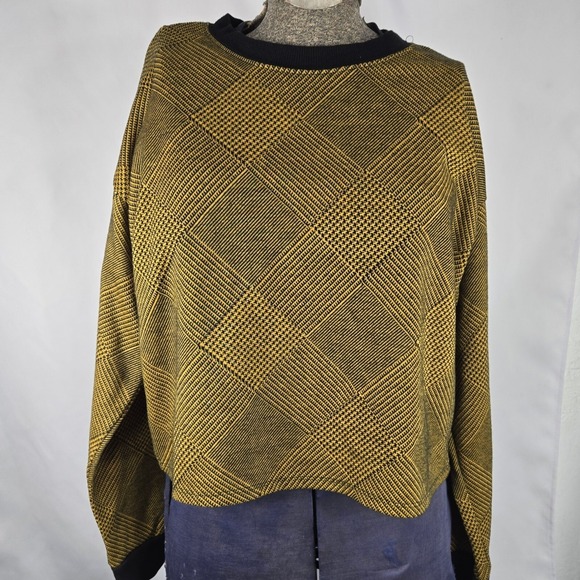 Forever 21 Sweater Women's Medium Mustard Yellow Black Plaid Cropped Knit Grunge - Picture 3 of 7